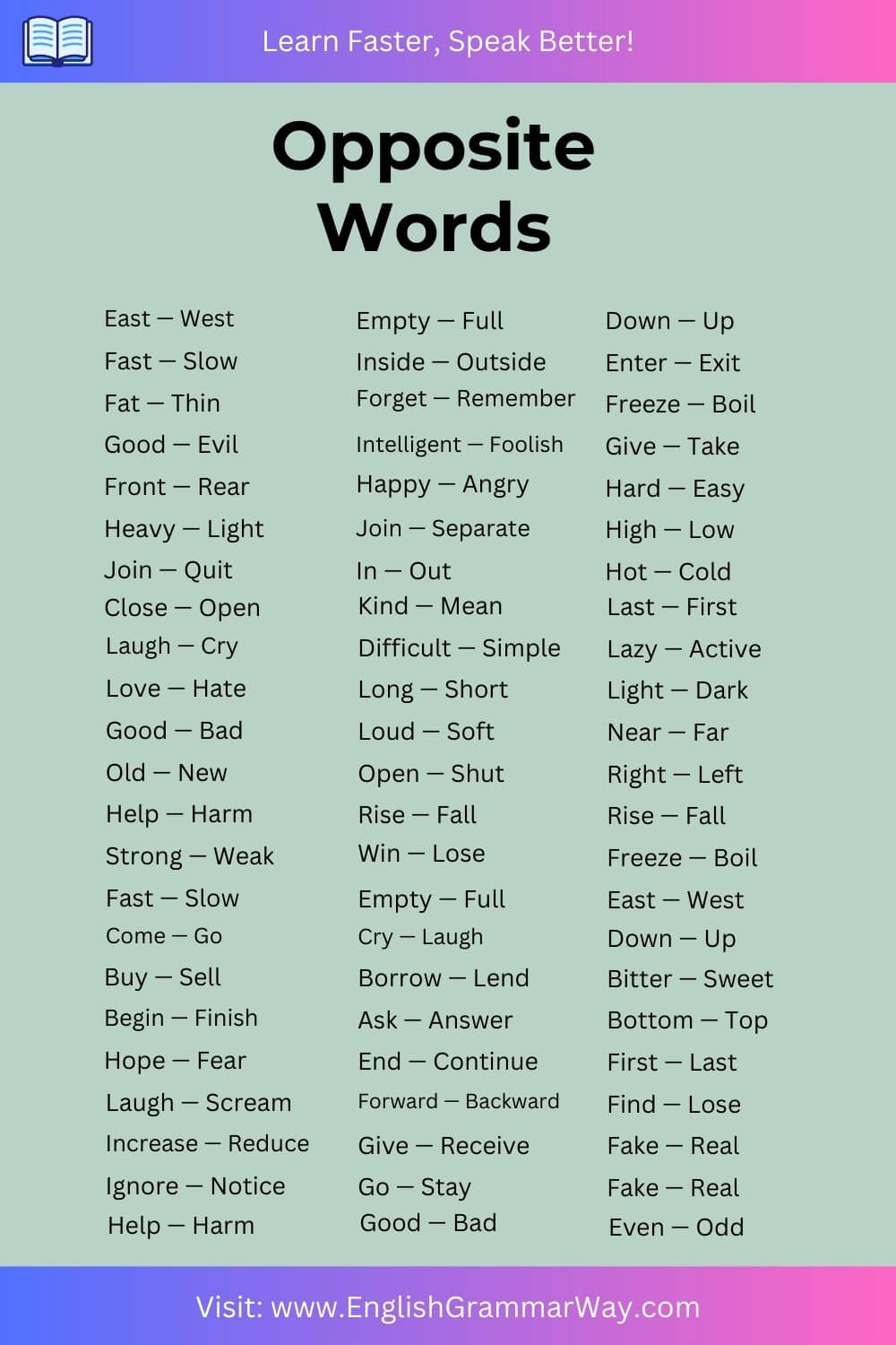 Opposite Vocabulary List